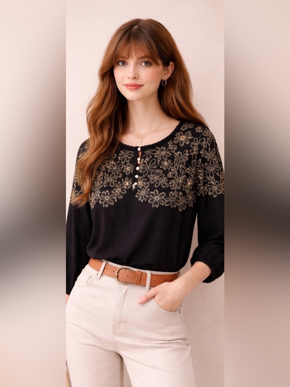 J. Jill Black and Gold Floral Embroidered Top